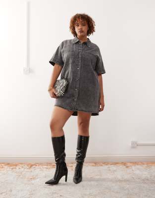 Noisy May Curve Noisy May Curve denim mini shirt dress in washed grey