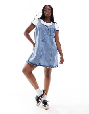 Noisy May Curve Denim Pinafore Dress In Mid Wash Blue