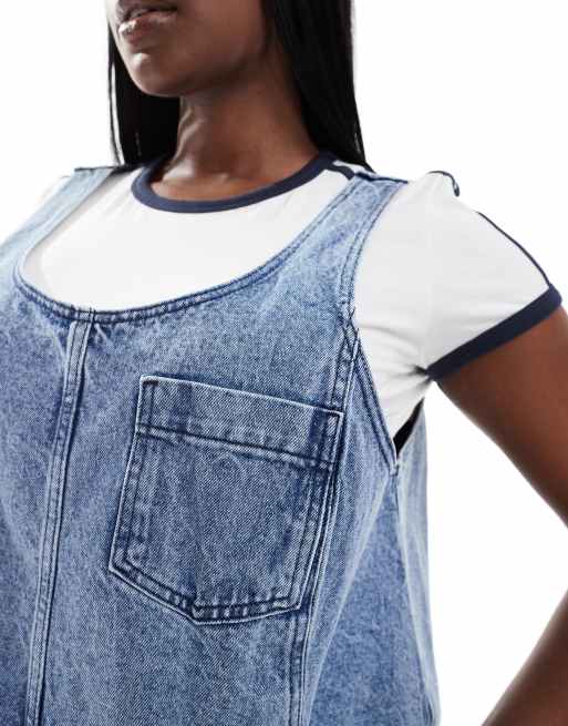 Noisy May Curve denim pinafore dress in mid wash blue ASOS