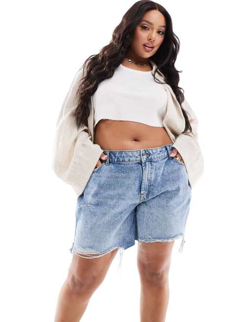 Noisy May - Curve - Denim short met rechte pijpen en scheuren in blauw met lichte wassing