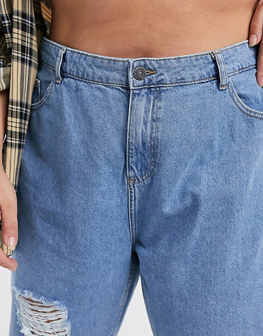 Jeans Noisy May Curve destroyed mom jeans in mid blue wash 