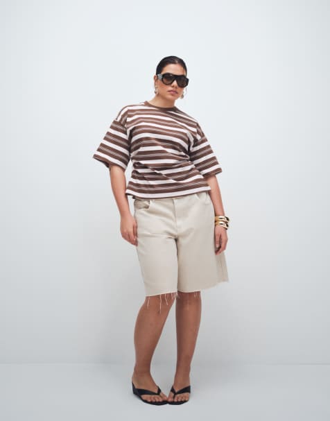 Noisy May Curve - Ecrufarvede højtaljede bermudashorts i denim - view 1