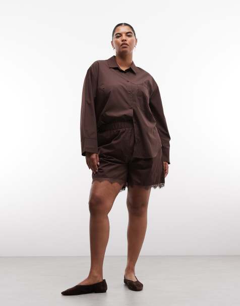 Noisy May Curve ensemble short avec ourlet en dentelle couleur chocolat - view 1