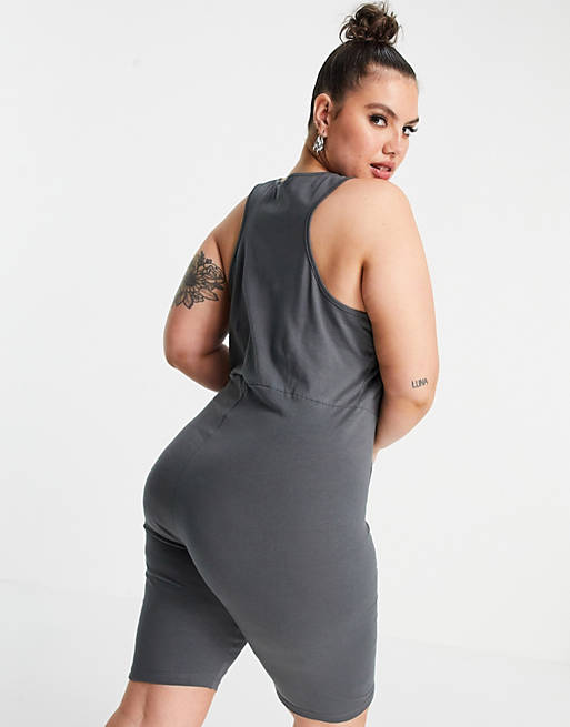 Women Noisy May Curve exclusive collegiate unitard playsuit in charcoal 