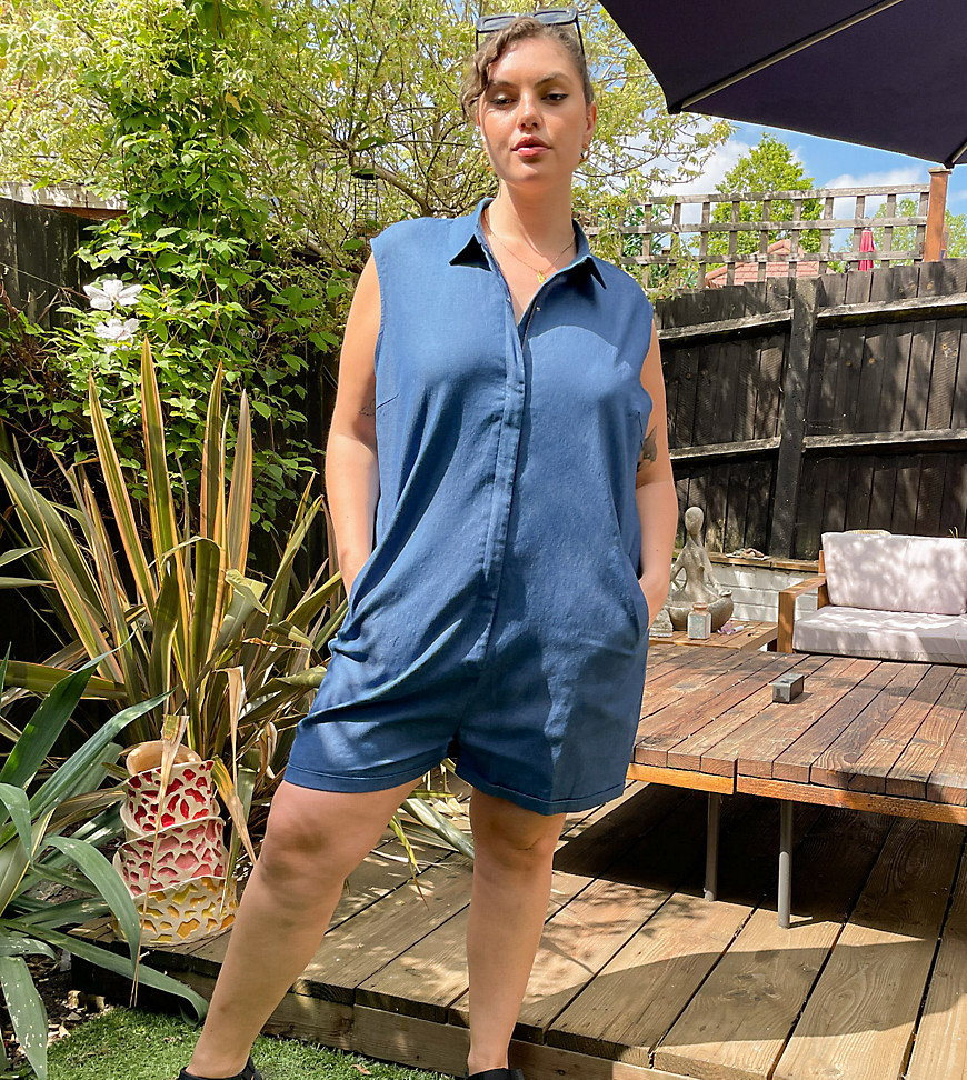 Noisy May Curve exclusive denim romper in blue-Blues