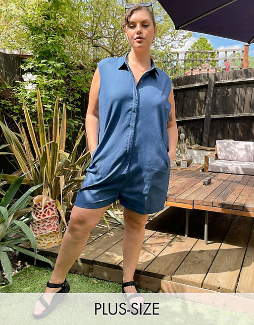 Noisy May Curve exclusive denim romper in blue