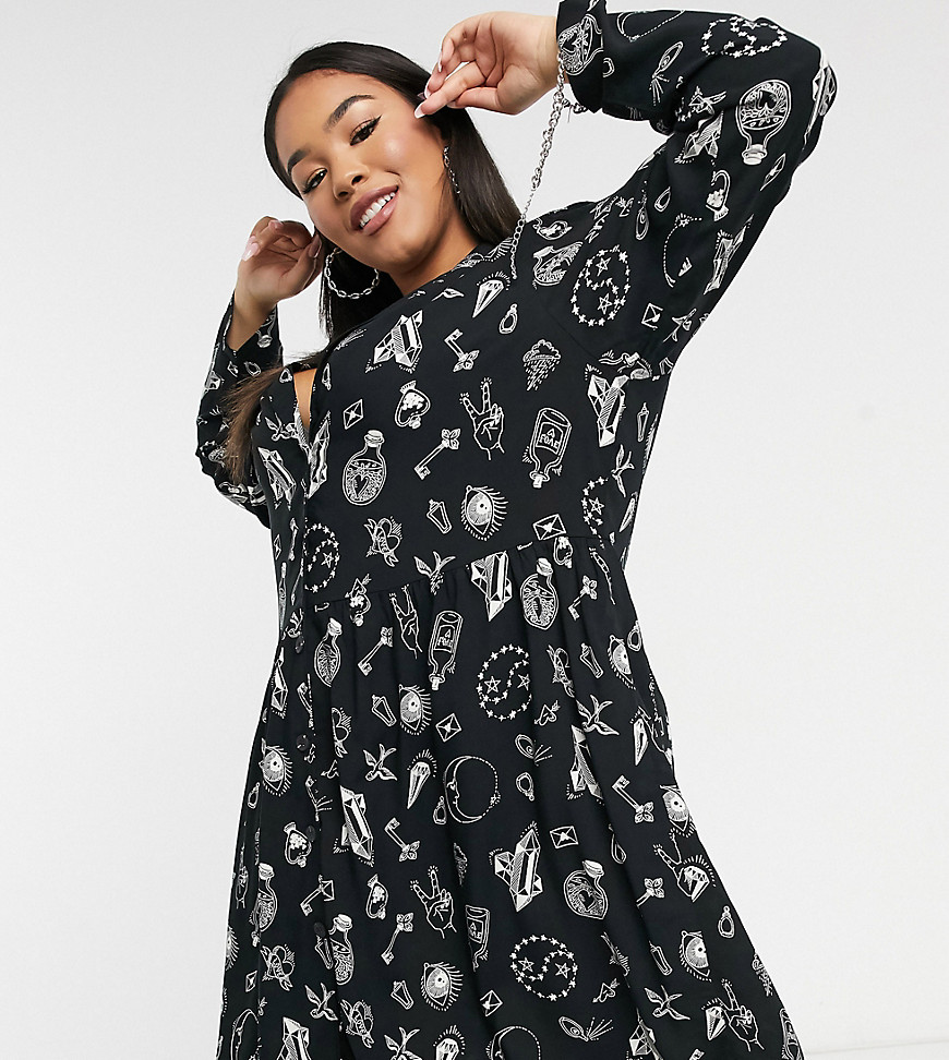 Noisy May Curve exclusive mini bowling shirt dress in cosmic print-Multi