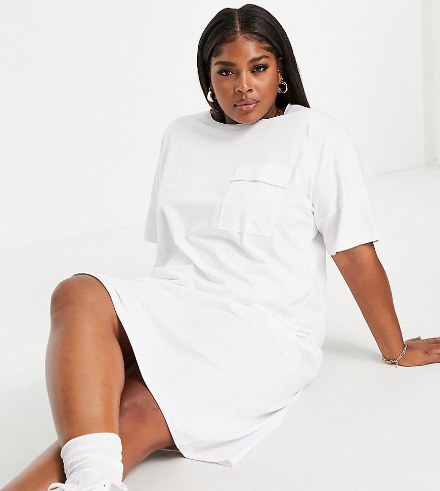 Noisy May Curve exclusive organic cotton midi t-shirt dress with pocket detail in white