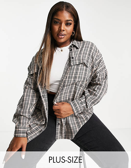 Noisy May Curve exclusive oversized shirt co-ord in grey check