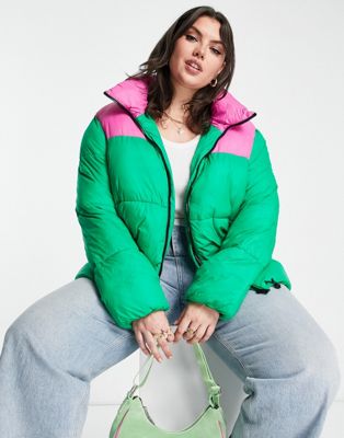 Noisy May Curve exclusive padded short coat in bright pink and green