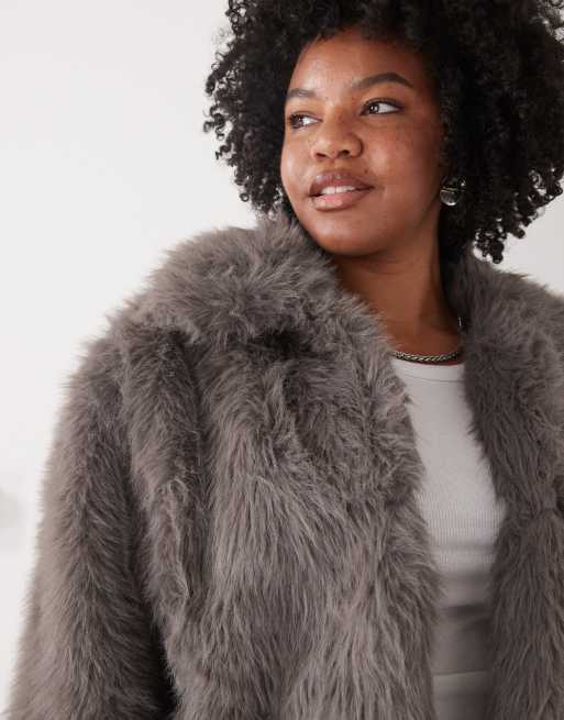 Noisy May Curve faux fur jacket in gray | ASOS
