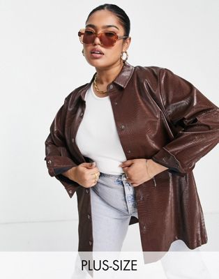 Noisy May Curve faux leather shirt in chocolate croc