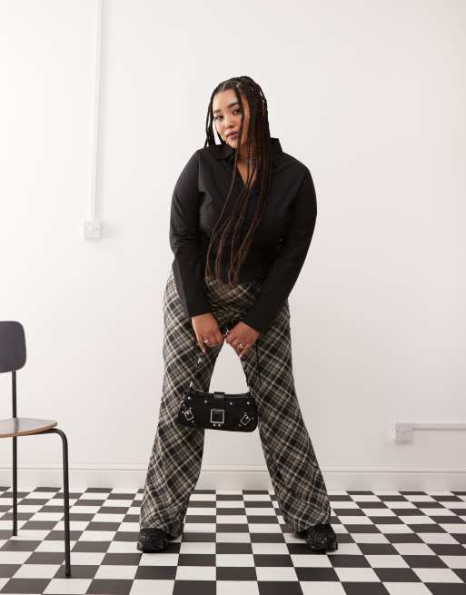 Noisy May Curve flared trousers in black check | ASOS