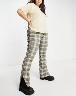 Noisy May Curve flared trousers in grey & cream check