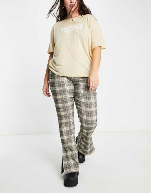 Noisy May Curve flared trousers in grey & cream check | ASOS