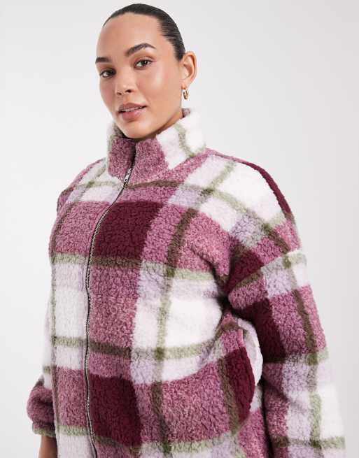 Noisy May Curve fleece met rits in bordeauxrood en crème geruit, 3 van 4