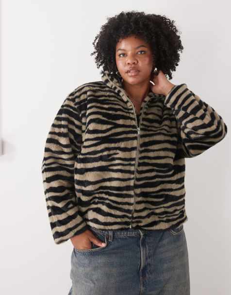 Noisy May Curve funnel neck faux fur jacket in gray zebra - view 1