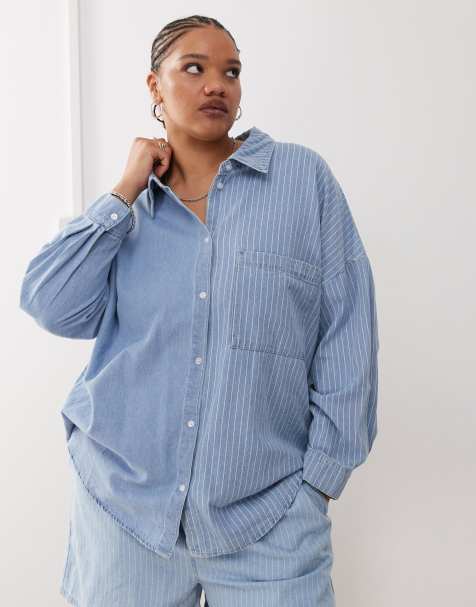 Noisy May Curve - Gestreept denim overhemd in lichtblauw, deel van co-ord set - view 1