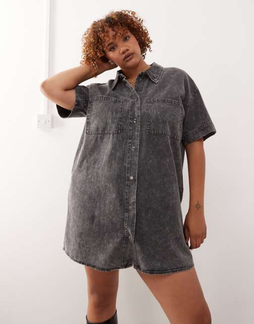Noisy May Curve – Grå, tvättad skjortklänning av denim i minilängd, 3 av 4