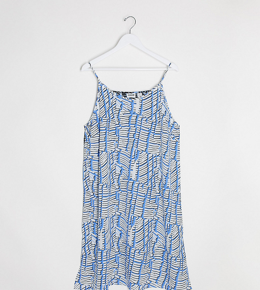 Noisy May - Curve - Halflange cami-jurk in blauw met gespleten print-Wit