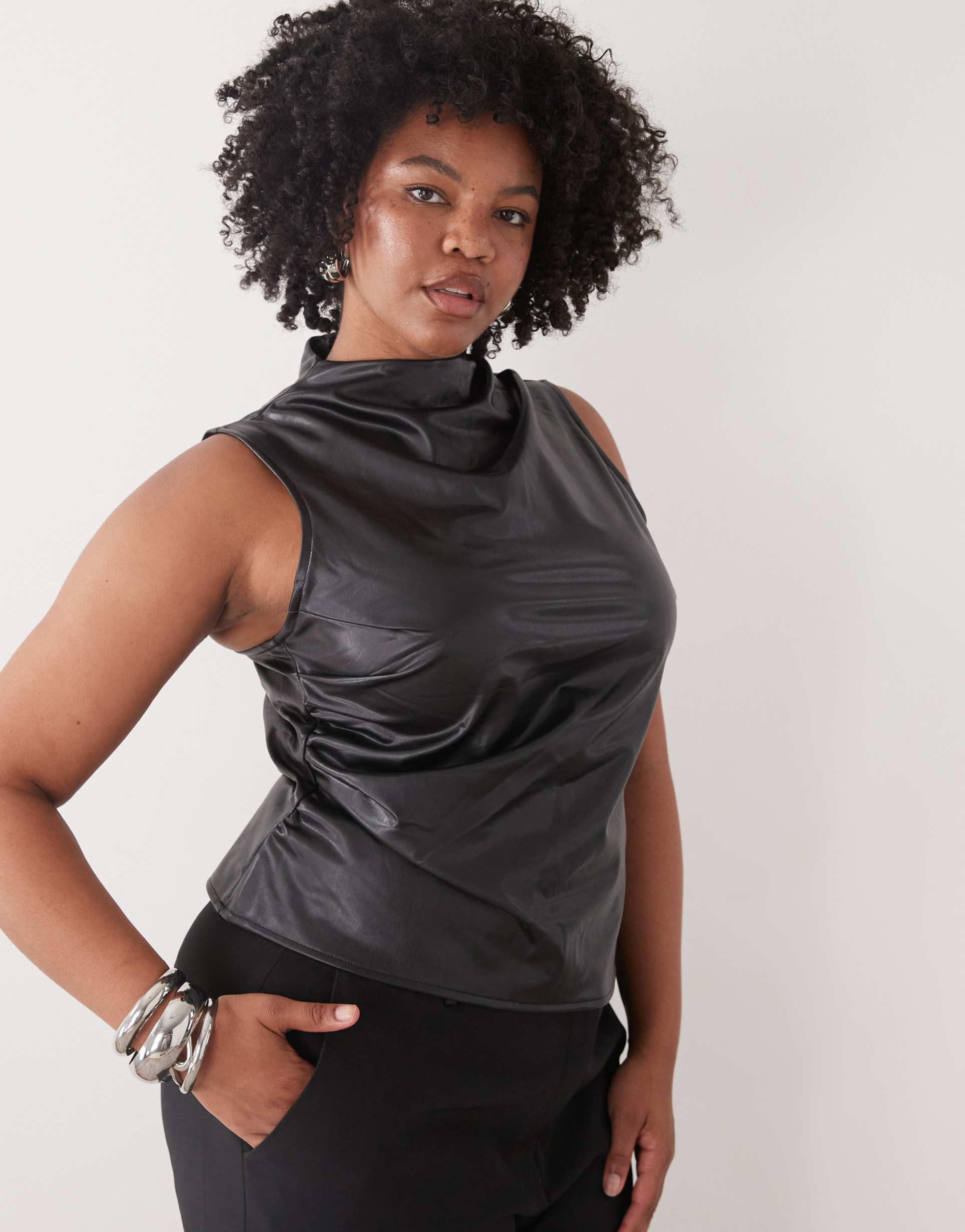 noisy may curve high neck faux leather asymmetric top in black