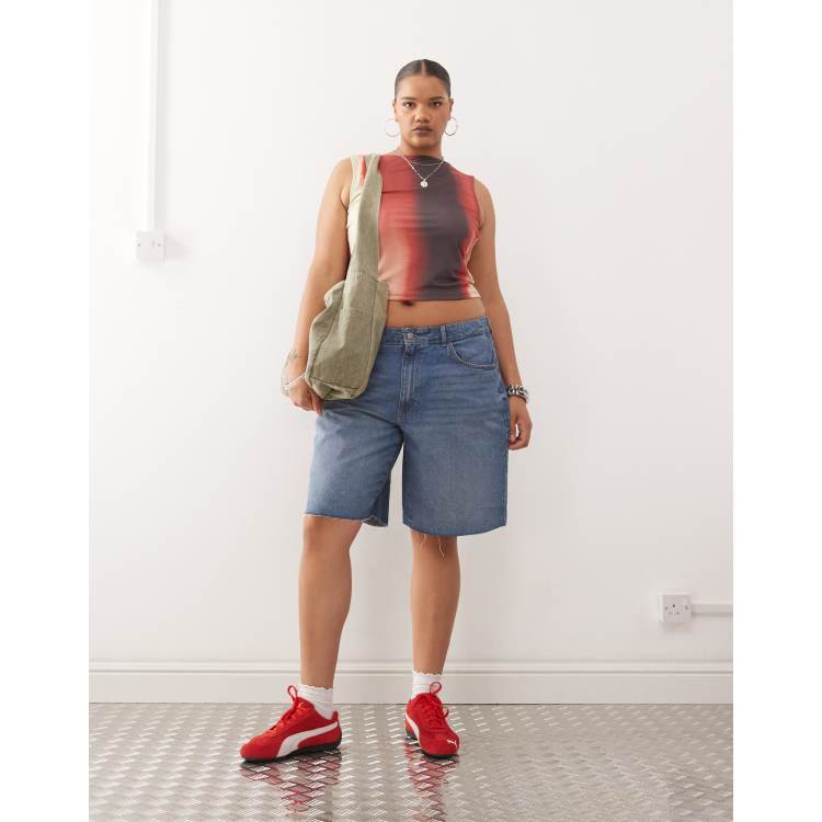 Noisy May Curve high waist bermuda denim short in mid wash