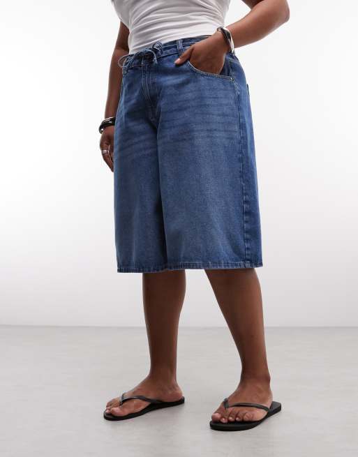 Noisy May Curve high waist longline loose short in mid blue denim, 2 of 5