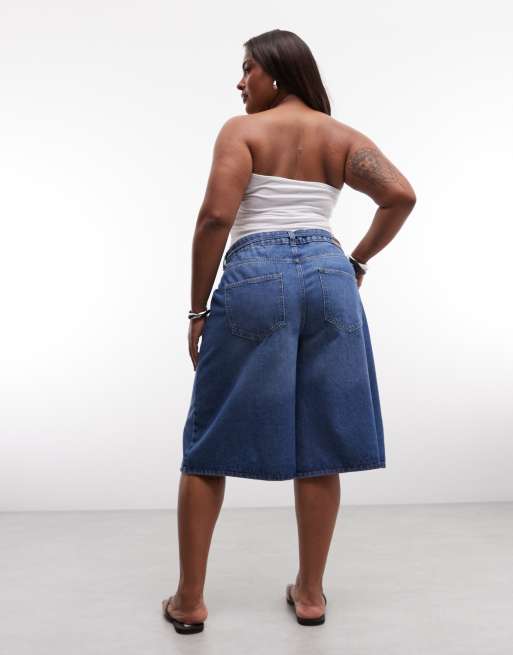 Noisy May Curve high waist longline loose short in mid blue denim, 5 of 5