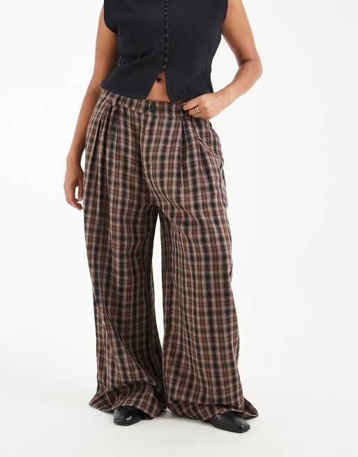 Noisy May Curve high waist wide leg check pants in chocolate check, 5 of 5