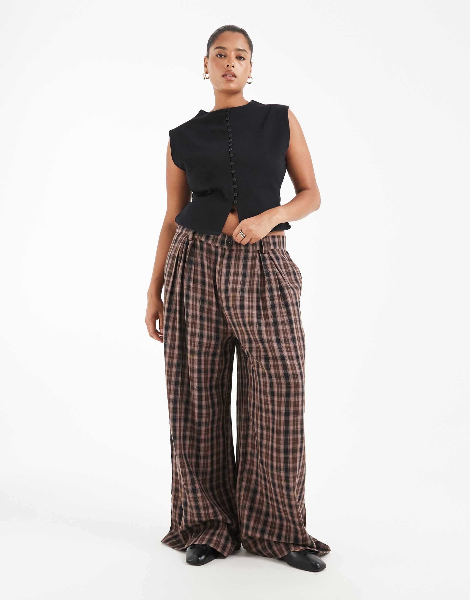 noisy may curve high waist wide leg pants in chocolate plaid