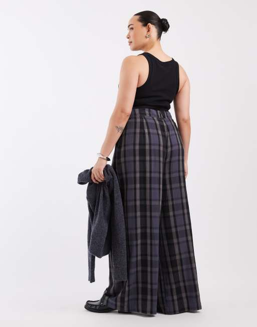 Noisy May Curve high waist wide leg trouser in deep grey check, 4 of 5
