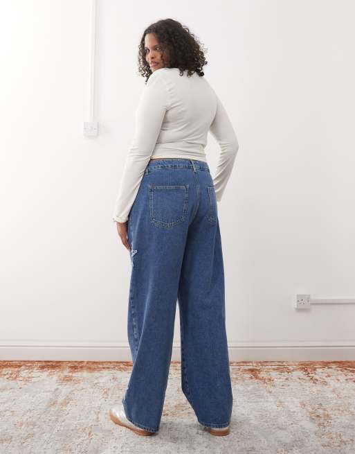 Noisy May Curve - Jeans a fondo ampio blu lavaggio medio con toppe a stella, 2 di 5
