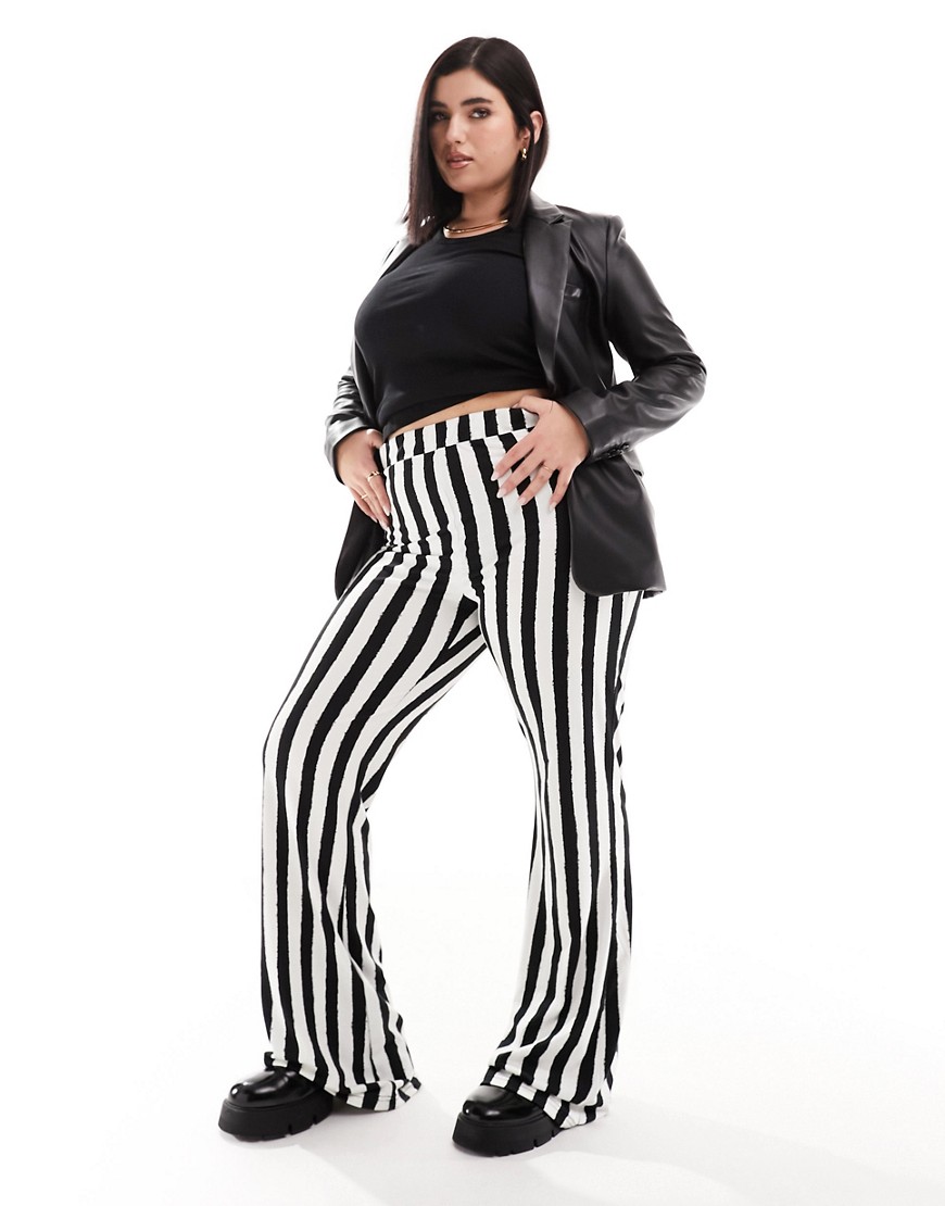 Noisy May Curve jersey flare trouser in stripe-Black