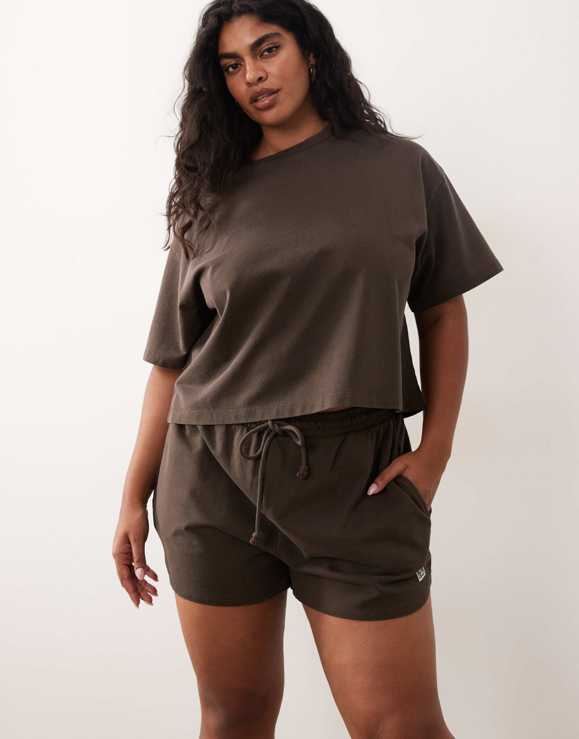 noisy may curve jersey shorts in washed brown - part of a set