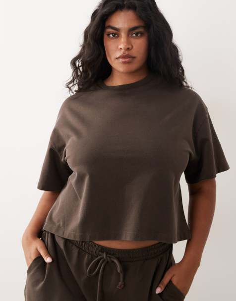 Noisy May Curve - Jersey T-shirt met korte mouwen in bruin met wassing, deel van co-ord set - view 1