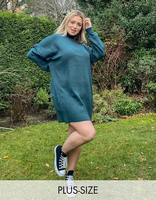 Noisy May Curve jumper dress with sleeve detail in dark green
