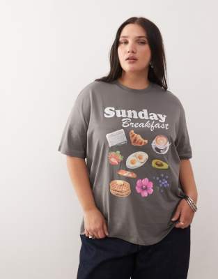 Noisy May Curve - Kastiges T-Shirt in Grau mit Frühstücks-Grafikmotiv