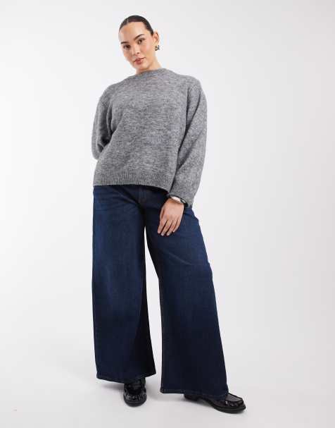 Noisy May Curve Kenzie mid rise wide leg jeans in dark blue denim - view 1