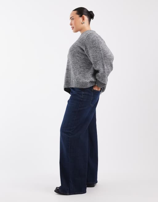 Noisy May Curve Kenzie mid rise wide leg jeans in dark blue denim, 3 of 5