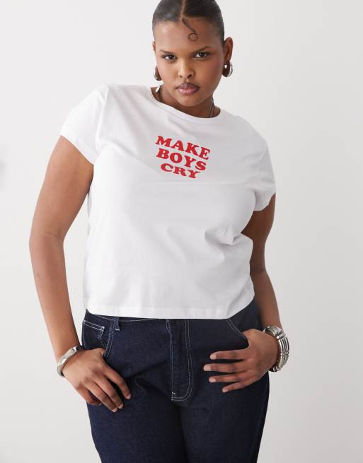 Noisy May Curve – Knapp geschnittenes T-Shirt in Weiß mit „Boys“-Print, 3 von 4