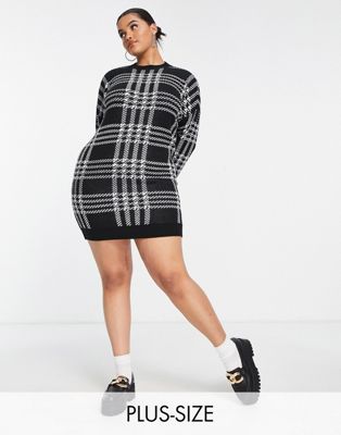 Noisy May Curve knitted mini jumper dress in black check