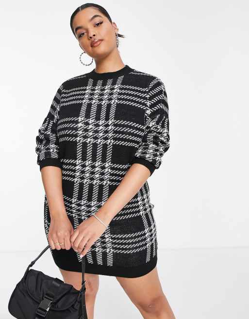 Noisy May Curve knitted mini jumper dress in black check ASOS