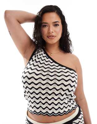 Noisy May Curve knitted one shoulder top co-ord in black & white wave φωτογραφία