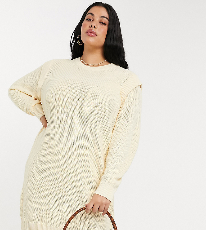 Noisy May Curve knitted sweater dress with sleeve detail in cream-White
