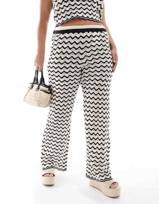 Noisy May Curve knitted wide leg trouser co-ord in black & white wave   