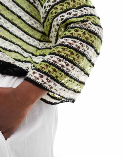 Noisy May Curve – Kurz geschnittener Strickpullover in Creme und Grün mit Lochmuster und weiten Ärmeln, 3 von 4