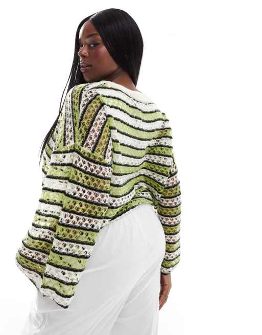 Noisy May Curve – Kurz geschnittener Strickpullover in Creme und Grün mit Lochmuster und weiten Ärmeln, 4 von 4
