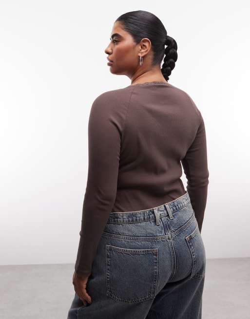 Noisy May Curve Langarm-Henley-T-Shirt mit Spitzenbesatz in Schokobraun, 2 von 4