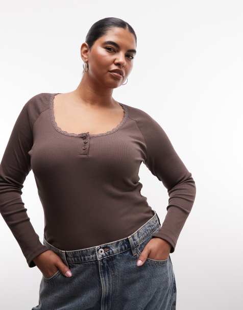 Noisy May Curve långärmad henley-t-shirt med spetskant i chokladbrun - view 1