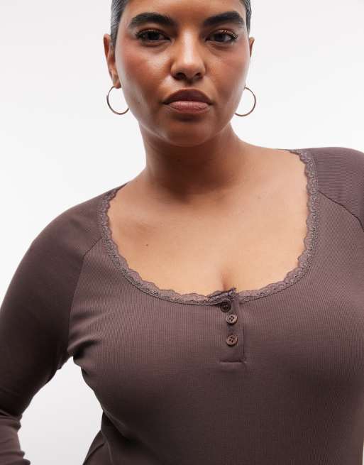 Noisy May Curve långärmad henley-t-shirt med spetskant i chokladbrun, 4 av 4